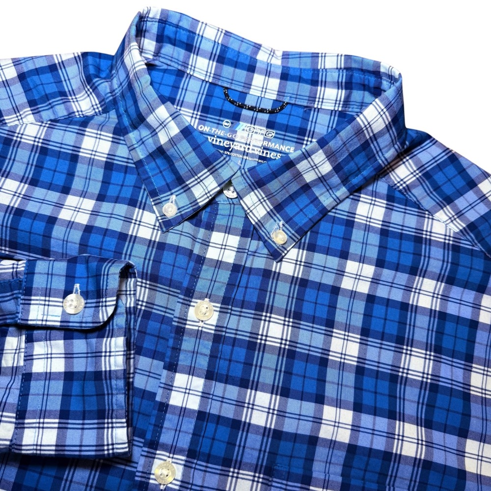 Vineyard Vines Mens On-The-Go Performance Plaid Shirt Blue Large brrr Cooling